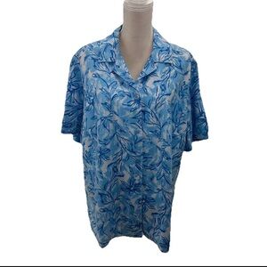 JM Collection Women Blue Print Linen Hawaiian Shirt Plus Size 20W Short Sleeve
